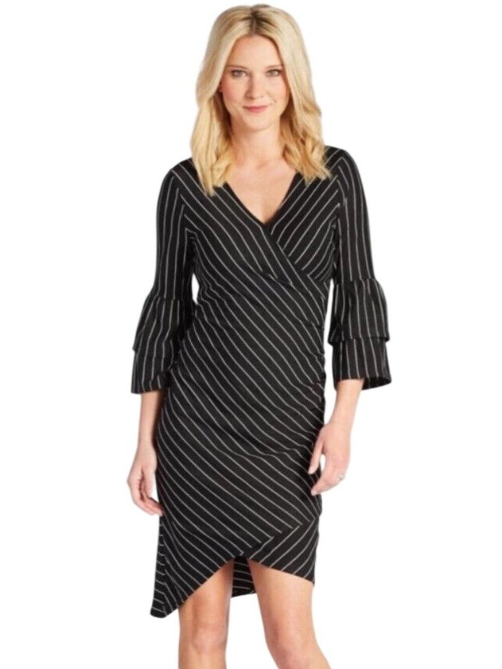 Sunday In Brooklyn Dress Medium Striped Faux Wrap Bell Sleeve Black White Office